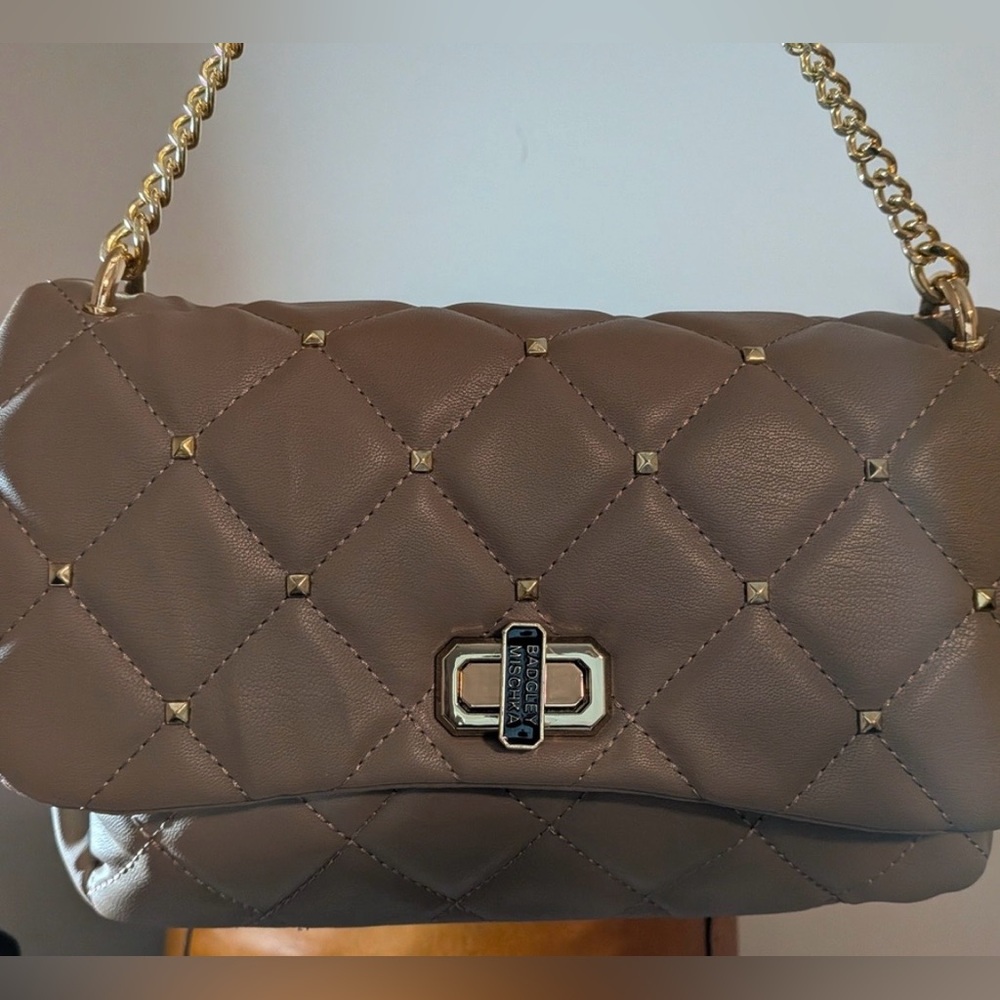 Badgley MISCHKA Quilted Tan Shoulder Bag Vegan Leather